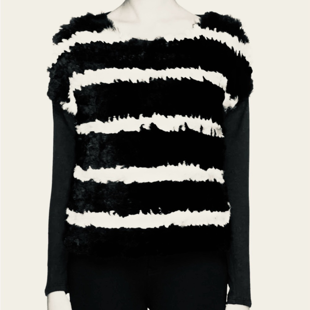 Alice + Olivia Fuzzy Black and White Striped Sweater